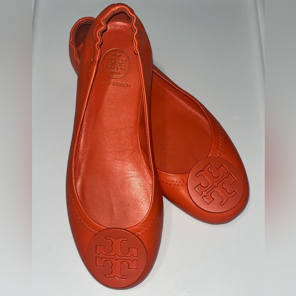 Tory Burch Women's Minnie Leather Travel Ballet Flats, Mango Sz 4.5M - Picture 1 of 12